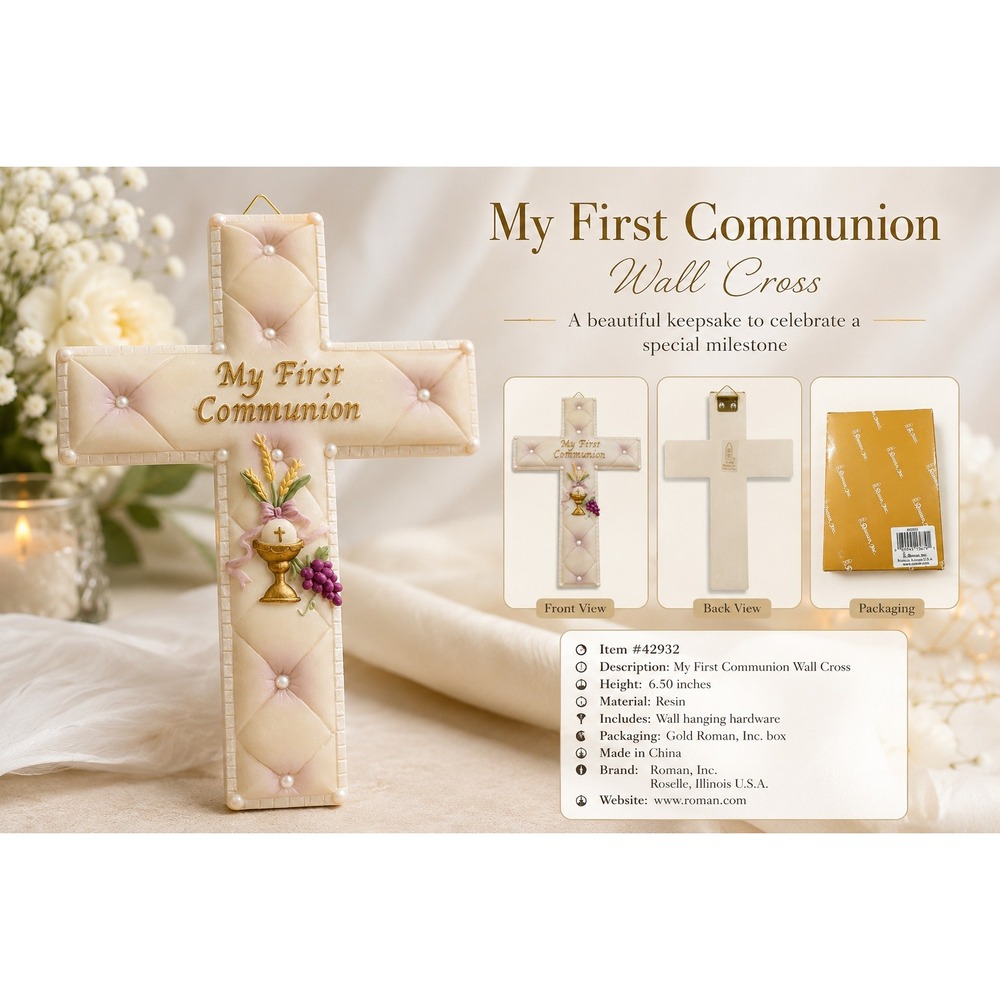 Roman Inc‎ My First Communion Wall Cross Ivory Tufted Chalice 6.5 Inch 42932
